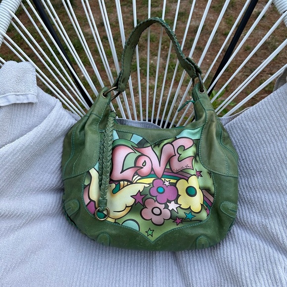 Isabella Fiore Handbags - Isabella Fiore Love Dove Tattoo Bag Green Leather Hand Painted Signed HTF RARE